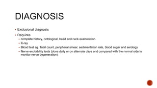  Exclusional diagnosis
 Requires
 complete history, ontological, head and neck examination.
 X-ray
 Blood test eg. Total count, peripheral smear, sedimentation rate, blood sugar and serology
 Nerve excitability tests (done daily or on alternate days and compared with the normal side to
monitor nerve degeneration)
 
