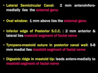 • Lateral Semicircular Canal: 2 mm anteroinfero-
medially lies the external genu
• Oval window: 1 mm above lies the external genu
• Inferior edge of Posterior S.C.C. : 2 mm anterior &
lateral lies mastoid segment of facial nerve
• Tympano-mastoid suture in posterior canal wall: 5-8
mm medial lies mastoid segment of facial nerve
• Digastric ridge in mastoid tip: leads antero-medially to
mastoid segment of facial nerve
 