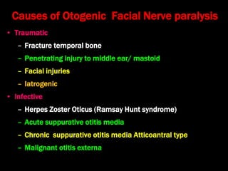 Causes of Otogenic Facial Nerve paralysis
• Traumatic
– Fracture temporal bone
– Penetrating injury to middle ear/ mastoid
– Facial injuries
– Iatrogenic
• Infective
– Herpes Zoster Oticus (Ramsay Hunt syndrome)
– Acute suppurative otitis media
– Chronic suppurative otitis media Atticoantral type
– Malignant otitis externa
 