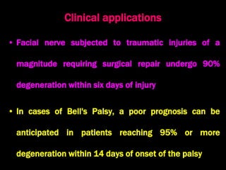 Clinical applications
• Facial nerve subjected to traumatic injuries of a
magnitude requiring surgical repair undergo 90%
degeneration within six days of injury
• In cases of Bell's Palsy, a poor prognosis can be
anticipated in patients reaching 95% or more
degeneration within 14 days of onset of the palsy
 