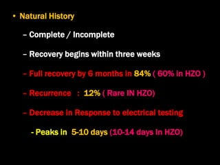 • Natural History
– Complete / Incomplete
– Recovery begins within three weeks
– Full recovery by 6 months in 84% ( 60% in HZO )
– Recurrence : 12% ( Rare IN HZO)
– Decrease in Response to electrical testing
- Peaks in 5-10 days (10-14 days In HZO)
 