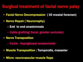Surgical treatment of facial nerve palsy
• Facial Nerve Decompression ( till meatal foramen)
• Nerve Repair ( Neurorraphy)
– End to end anastomosis
– Cable grafting( Sural, greater auricular)
• Nerve Transposition
– Facial - Hypoglossal anastomosis
• Muscle Transposition : Temporalis, masseter
• Micro- neurovascular muscle flaps
 