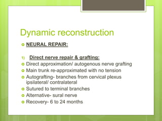 Dynamic reconstruction
 NEURAL REPAIR:
1) Direct nerve repair & grafting:
 Direct approximation/ autogenous nerve grafting
 Main trunk re-approximated with no tension
 Autografting- branches from cervical plexus
ipsilateral/ contralateral
 Sutured to terminal branches
 Alternative- sural nerve
 Recovery- 6 to 24 months
 