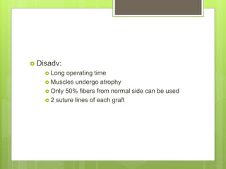  Disadv:
 Long operating time
 Muscles undergo atrophy
 Only 50% fibers from normal side can be used
 2 suture lines of each graft
 
