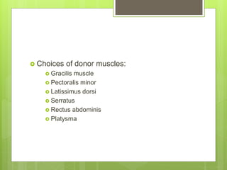  Choices of donor muscles:
 Gracilis muscle
 Pectoralis minor
 Latissimus dorsi
 Serratus
 Rectus abdominis
 Platysma
 