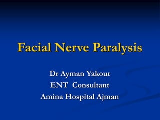Facial Nerve Paralysis
Dr Ayman Yakout
ENT Consultant
Amina Hospital Ajman
 