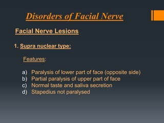 Disorders of Facial Nerve
Facial Nerve Lesions
1. Supra nuclear type:
Features:
a)
b)
c)
d)

Paralysis of lower part of face (opposite side)
Partial paralysis of upper part of face
Normal taste and saliva secretion
Stapedius not paralysed

 