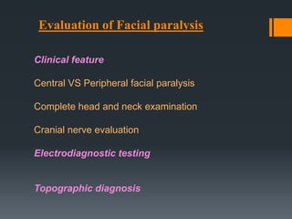 Evaluation of Facial paralysis
Clinical feature

Central VS Peripheral facial paralysis
Complete head and neck examination

Cranial nerve evaluation
Electrodiagnostic testing

Topographic diagnosis

 