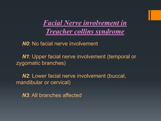 Facial Nerve involvement in
Treacher collins syndrome
N0: No facial nerve involvement
N1: Upper facial nerve involvement (temporal or
zygomatic branches)
N2: Lower facial nerve involvement (buccal,
mandibular or cervical)
N3: All branches affected

 