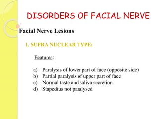 DISORDERS OF FACIAL NERVE
1. SUPRA NUCLEAR TYPE:
Features:
a) Paralysis of lower part of face (opposite side)
b) Partial paralysis of upper part of face
c) Normal taste and saliva secretion
d) Stapedius not paralysed
Facial Nerve Lesions
 