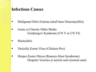 Infectious Causes
 Malignant Otitis Externa (skull base Osteomyelitis)
 Acute or Chronic Otitis Media
Gradenigo's Syndrome (CN V or CN VI)
 Mastoiditis
 Varicella Zoster Virus (Chicken Pox)
 Herpes Zoster Oticus (Ramsey-Hunt Syndrome)
Herpetic Vesicles at auricle and external canal
 