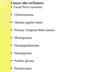 Causes due toTumors
 Facial Nerve neuroma
 Cholesteatoma
 Glomus jugular tumor
 Primary Temporal Bone tumors
 Meningiomas
 Hemangioblastoma
 Hemangioma
 Pontine glioma
 Parotid tumor
 