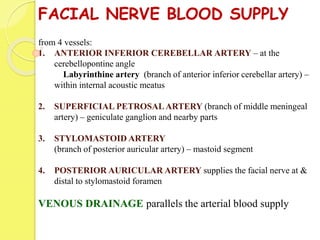 FACIAL NERVE BLOOD SUPPLY
from 4 vessels:
1. ANTERIOR INFERIOR CEREBELLAR ARTERY – at the
cerebellopontine angle
Labyrinthine artery (branch of anterior inferior cerebellar artery) –
within internal acoustic meatus
2. SUPERFICIAL PETROSALARTERY (branch of middle meningeal
artery) – geniculate ganglion and nearby parts
3. STYLOMASTOID ARTERY
(branch of posterior auricular artery) – mastoid segment
4. POSTERIOR AURICULAR ARTERY supplies the facial nerve at &
distal to stylomastoid foramen
VENOUS DRAINAGE parallels the arterial blood supply
 