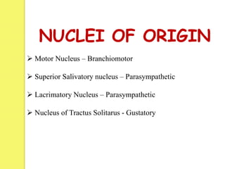 NUCLEI OF ORIGIN
 Motor Nucleus – Branchiomotor
 Superior Salivatory nucleus – Parasympathetic
 Lacrimatory Nucleus – Parasympathetic
 Nucleus of Tractus Solitarus - Gustatory
 