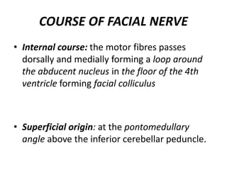 COURSE OF FACIAL NERVE
• Internal course: the motor fibres passes
dorsally and medially forming a loop around
the abducent nucleus in the floor of the 4th
ventricle forming facial colliculus
• Superficial origin: at the pontomedullary
angle above the inferior cerebellar peduncle.
 