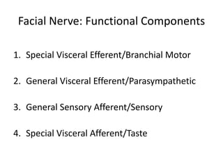 Facial Nerve: Functional Components
1. Special Visceral Efferent/Branchial Motor
2. General Visceral Efferent/Parasympathetic
3. General Sensory Afferent/Sensory
4. Special Visceral Afferent/Taste
 