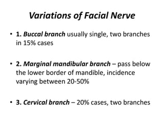 Variations of Facial Nerve
• 1. Buccal branch usually single, two branches
in 15% cases
• 2. Marginal mandibular branch – pass below
the lower border of mandible, incidence
varying between 20-50%
• 3. Cervical branch – 20% cases, two branches
 