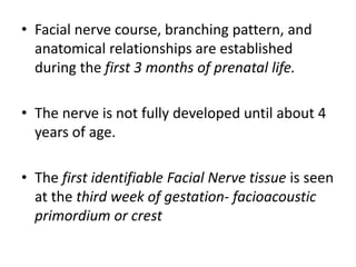 • Facial nerve course, branching pattern, and
anatomical relationships are established
during the first 3 months of prenatal life.
• The nerve is not fully developed until about 4
years of age.
• The first identifiable Facial Nerve tissue is seen
at the third week of gestation- facioacoustic
primordium or crest
 