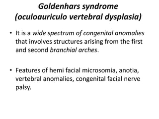Goldenhars syndrome
(oculoauriculo vertebral dysplasia)
• It is a wide spectrum of congenital anomalies
that involves structures arising from the first
and second branchial arches.
• Features of hemi facial microsomia, anotia,
vertebral anomalies, congenital facial nerve
palsy.
 