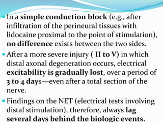 In a simple conduction block (e.g., after
infiltration of the perineural tissues with
lidocaine proximal to the point of stimulation),
no difference exists between the two sides.
After a more severe injury ( II to V) in which
distal axonal degeneration occurs, electrical
excitability is gradually lost, over a period of
3 to 4 days—even after a total section of the
nerve.
Findings on the NET (electrical tests involving
distal stimulation), therefore, always lag
several days behind the biologic events.
 
