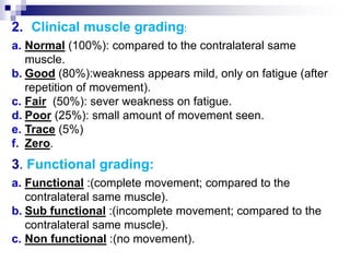 2. Clinical muscle grading:
a. Normal (100%): compared to the contralateral same
muscle.
b. Good (80%):weakness appears mild, only on fatigue (after
repetition of movement).
c. Fair (50%): sever weakness on fatigue.
d. Poor (25%): small amount of movement seen.
e. Trace (5%)
f. Zero.
3. Functional grading:
a. Functional :(complete movement; compared to the
contralateral same muscle).
b. Sub functional :(incomplete movement; compared to the
contralateral same muscle).
c. Non functional :(no movement).
 