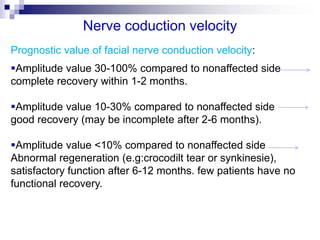 Nerve coduction velocity
Prognostic value of facial nerve conduction velocity:
Amplitude value 30-100% compared to nonaffected side
complete recovery within 1-2 months.
Amplitude value 10-30% compared to nonaffected side
good recovery (may be incomplete after 2-6 months).
Amplitude value <10% compared to nonaffected side
Abnormal regeneration (e.g:crocodilt tear or synkinesie),
satisfactory function after 6-12 months. few patients have no
functional recovery.
 