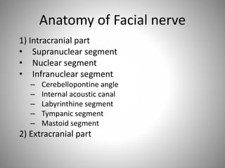 Anatomy of Facial nerve
1) Intracranial part
• Supranuclear segment
• Nuclear segment
• Infranuclear segment
– Cerebellopontine angle
– Internal acoustic canal
– Labyrinthine segment
– Tympanic segment
– Mastoid segment
2) Extracranial part
 