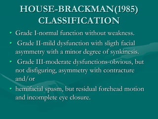 HOUSE-BRACKMAN(1985)
CLASSIFICATION
• Grade I-normal function without weakness.
• Grade II-mild dysfunction with sligth facial
asymmetry with a minor degree of synkinesis.
• Grade III-moderate dysfunctions-obvious, but
not disfiguring, asymmetry with contracture
and/or
• hemifacial spasm, but residual forehead motion
and incomplete eye closure.
 