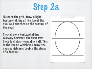 Step 2a
To start the grid, draw a light
horizontal line at the top of the
oval and another at the bottom of
the oval.

Then draw a horizontal line
midway bet ween the first t wo
lines to divide the oval in half. This
is the line on which you draw the
eyes, which are roughly the shape
of a football.
 