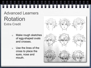 Advanced Learners
Rotation
Extra Credit
Make rough sketches
of egg-shaped ovals
and crosses.
Use the lines of the
cross to place the
eyes, nose and
mouth.
 