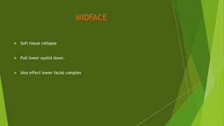MIDFACE
 Soft tissue collapse
 Pull lower eyelid down.
 Also effect lower facial complex.
 