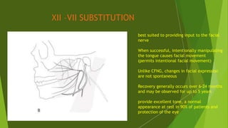 XII –VII SUBSTITUTION
best suited to providing input to the facial
nerve
When successful, intentionally manipulating
the tongue causes facial movement
(permits intentional facial movement)
Unlike CFNG, changes in facial expression
are not spontaneous
Recovery generally occurs over 6-24 months
and may be observed for up to 5 years
provide excellent tone, a normal
appearance at rest in 90% of patients and
protection of the eye
 