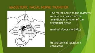 MASSETERIC FACIAL NERVE TRANSFER
The motor nerve to the masseter
muscle is a branch of the
mandibular division of the
trigeminal nerve
minimal donor morbidity
Its anatomical location is
consistent
 