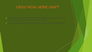 CROSS FACIAL NERVE GRAFT
 Harnesses neuronal activity from the uninjured facial nerve activity to the
contralateral side to power a free muscle transfer.
 gold standard to accomplish symmetrical, spontaneous facial movement
 