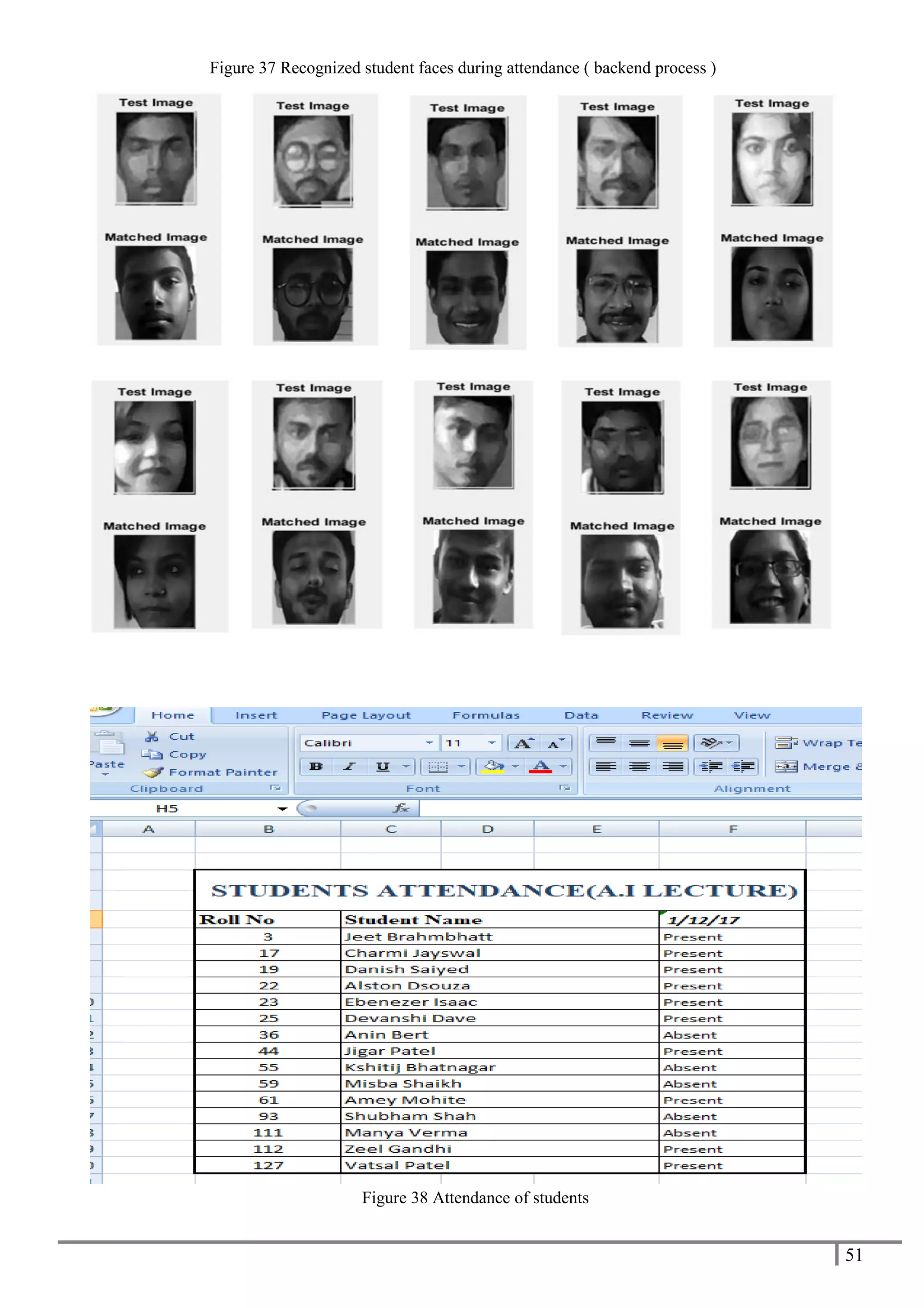 51
Figure 37 Recognized student faces during attendance ( backend process )
Figure 38 Attendance of students
 