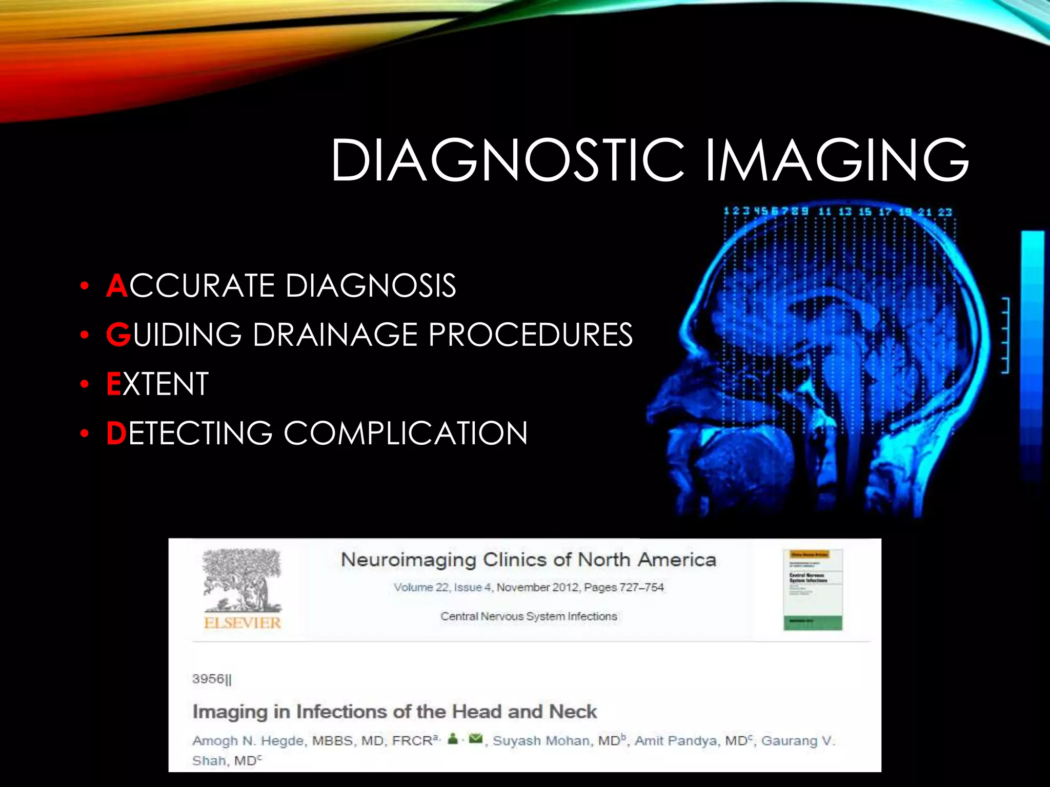 DIAGNOSTIC IMAGING 
• ACCURATE DIAGNOSIS 
• GUIDING DRAINAGE PROCEDURES 
• EXTENT 
• DETECTING COMPLICATION 
 