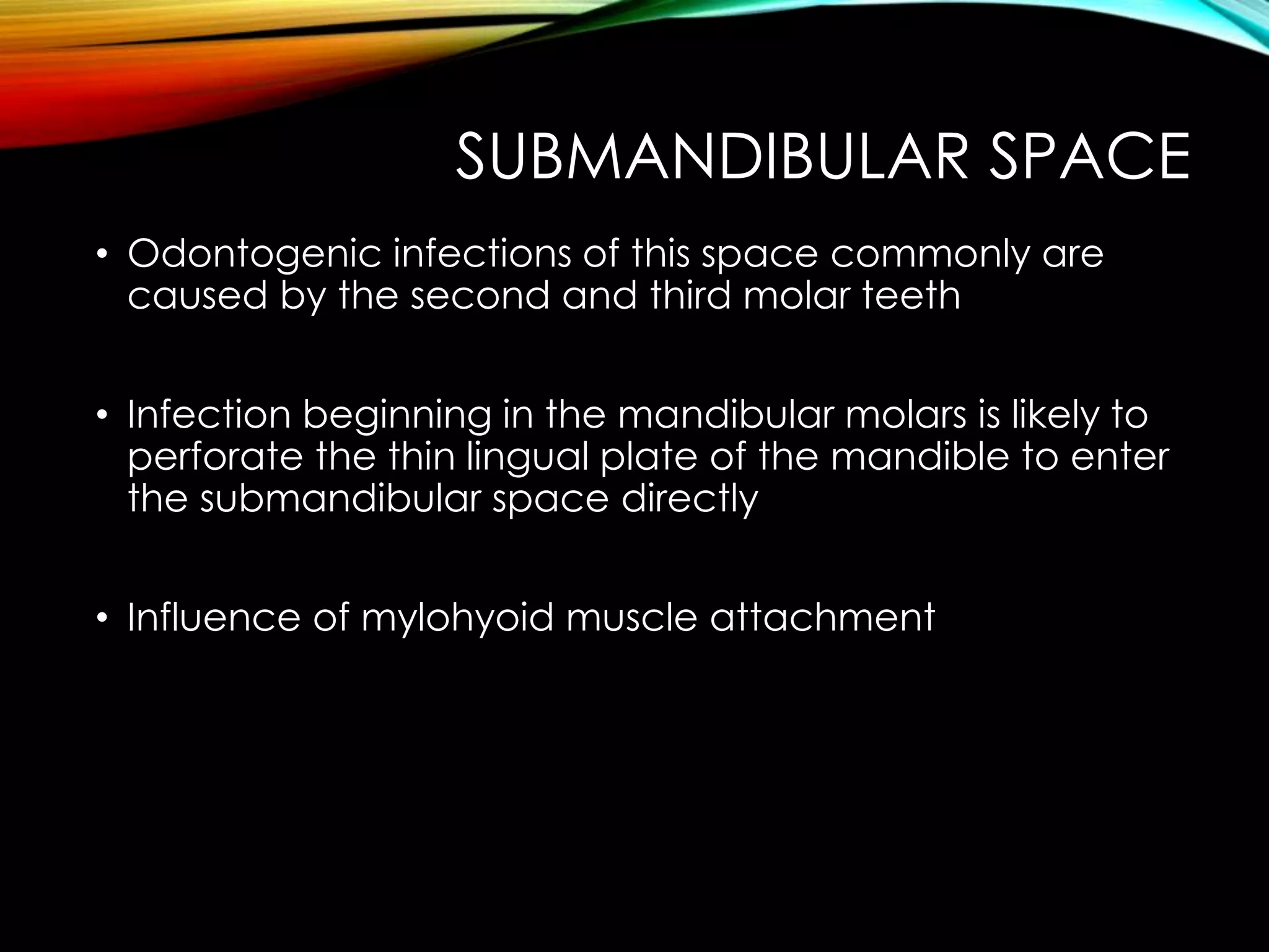 SUBMANDIBULAR SPACE 
• Odontogenic infections of this space commonly are 
caused by the second and third molar teeth 
• Infection beginning in the mandibular molars is likely to 
perforate the thin lingual plate of the mandible to enter 
the submandibular space directly 
• Influence of mylohyoid muscle attachment 
 