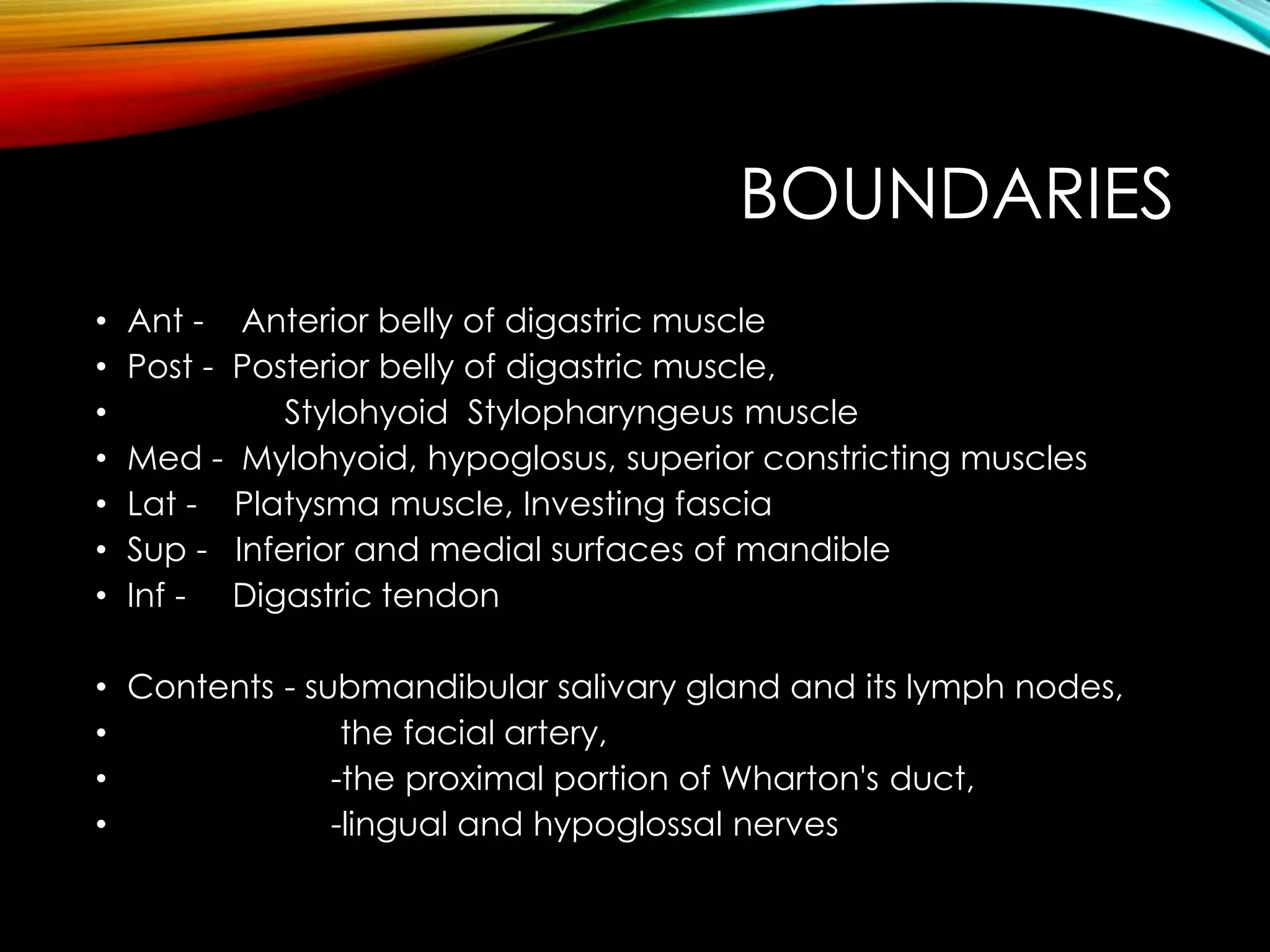 BOUNDARIES 
• Ant - Anterior belly of digastric muscle 
• Post - Posterior belly of digastric muscle, 
• Stylohyoid Stylopharyngeus muscle 
• Med - Mylohyoid, hypoglosus, superior constricting muscles 
• Lat - Platysma muscle, Investing fascia 
• Sup - Inferior and medial surfaces of mandible 
• Inf - Digastric tendon 
• Contents - submandibular salivary gland and its lymph nodes, 
• the facial artery, 
• -the proximal portion of Wharton's duct, 
• -lingual and hypoglossal nerves 
 