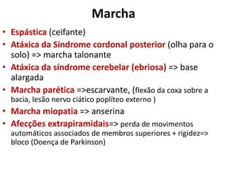 Marcha
• Espástica (ceifante)
• Atáxica da Síndrome cordonal posterior (olha para o
solo) => marcha talonante
• Atáxica da síndrome cerebelar (ebriosa) => base
alargada
• Marcha parética =>escarvante, (flexão da coxa sobre a
bacia, lesão nervo ciático poplíteo externo )
• Marcha miopatia => anserina
• Afecções extrapiramidais=> perda de movimentos
automáticos associados de membros superiores + rigidez=>
bloco (Doença de Parkinson)
 