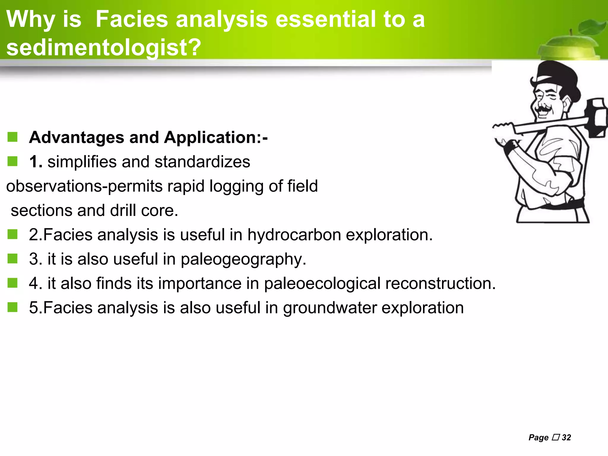 Why is Facies analysis essential to a
sedimentologist?
 Advantages and Application:-
 1. simplifies and standardizes
observations-permits rapid logging of field
sections and drill core.
 2.Facies analysis is useful in hydrocarbon exploration.
 3. it is also useful in paleogeography.
 4. it also finds its importance in paleoecological reconstruction.
 5.Facies analysis is also useful in groundwater exploration
Page  32
 