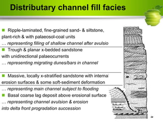 Distributary channel fill facies
Page  24
 Ripple-laminated, fine-grained sand- & siltstone,
plant-rich & with palaeosol-coal units
… representing filling of shallow channel after avulsion
 Trough & planar x-bedded sandstone
with unidirectional palaeocurrents
… representing migrating dunes/bars in channel
 Massive, locally x-stratified sandstone with internal
erosion surfaces & some soft-sediment deformation
… representing main channel subject to flooding
 Basal coarse lag deposit above erosional surface
… representing channel avulsion & erosion
into delta front progradation succession
 