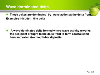 Wave dorminated delta
Page  25
 These deltas are dominated by wave action at the delta front .
Examples inlcude : Nile delta
 A wave-dominated delta formed where wave activity reworks
the sediment brought to the delta front to form coastal sand
bars and extensive mouth-bar deposits.
 