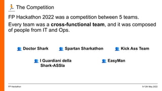 🏃 The Competition
9-12th May 2022
FP Hackathon
FP Hackathon 2022 was a competition between 5 teams.
Every team was a cross-functional team, and it was composed
of people from IT and Ops.
👥 Doctor Shark 👥 Spartan Sharkathon 👥 Kick Ass Team
👥 I Guardiani della
Shark-ASSIa
👥 EasyMan
 