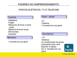 Banheiro Cozinha Geladeira Fogão Máquinas de lavar e secar  roupa Máquina de lavar louça Microondas Exaustor -1 tomada de uso geral Estar / Jantar Dormitórios -TV -Telefone -7 tomadas de uso geral - TV -Telefone -Ar condicionado de janela -(tubulação seca- sem  disjuntor e fiação) -6,e 3  tomadas de uso geral PADRÃO DO EMPREENDIMENTO PONTOS ELÉTRICOS / TV E TELEFONE 