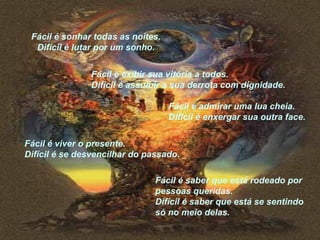 Fácil é sonhar todas as noites.
Difícil é lutar por um sonho.
Fácil é exibir sua vitória a todos.
Difícil é assumir a sua derrota com dignidade.
Fácil é admirar uma lua cheia.
Difícil é enxergar sua outra face.
Fácil é viver o presente.
Difícil é se desvencilhar do passado.
Fácil é saber que está rodeado por
pessoas queridas.
Difícil é saber que está se sentindo
só no meio delas.

 