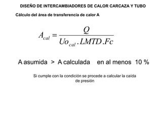 DISEÑO DE INTERCAMBIADORES DE CALOR CARCAZA Y TUBO

Cálculo del área de transferencia de calor A


                                 Q
            Acal
                       Uo cal . LMTD .Fc

 A asumida > A calculada                    en al menos 10 %

         Si cumple con la condición se procede a calcular la caída
                                de presión
 