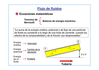 Flujo de fluidos
      Ecuaciones matemáticas
            Teorema de
                             Balance de energía mecánica
            Bernoulli


“La suma de la energía cinética, potencial y de flujo de una partícula
de fluido es constante a lo largo de una línea de corriente, cuando los
efectos de la compresibilidad y de la fricción son despreciables”

Energía                                                      2
              Velocidad
cinética
Energía       Cambio de la    1
potencial     elevación
                                                                 ZoH
Energía
de un         Entalpía
fluido
                                             Tubería
 
