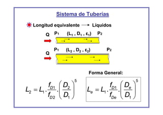 Sistema de Tuberías
   Longitud equivalente           Líquidos

        Q   P1   (L1 , D1 , ε1)     P2


            P1   (L2 , D2 , ε2)          P2
        Q



                              Forma General:
                       5                           5
         fD1 ⎛ D2 ⎞                   fD1 ⎛ De ⎞
L2 = L1 . . ⎜ ⎟              Le = L1 . . ⎜ ⎟
         fD 2 ⎝ D1 ⎠                  fDe ⎝ D1 ⎠
 