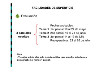 FACILIDADES DE SUPERFICIE

   Evaluación

                            Fechas probables:
                     Tema 1 1er parcial 19 al 24 de mayo
3 parciales          Tema 2 2do parcial 16 al 21 de junio
 escritos            Tema 3 3er parcial 14 al 19 de julio
                            Recuperativos: 21 al 26 de julio



Nota:
- Trabajos adicionales solo tendrán validez para aquellos estudiantes
que aprueben al menos 1 parcial.
 