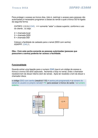 Tr o nc o DI SA SOPHO iS3000 
Para proteger o acesso ao tronco disa, (isto é, restringir o acesso para pessoas não 
autorizadas) é necessário programar a classe do ramal o qual o tronco SS foi ligado 
da seguinte forma: 
CHTRFC: 2,2,5,2,2345; ==> somente “setar” a classe superior, conforme o uso 
do cliente , ou seja: 
4 = chamada local 
5 = chamada DDD 
6 = chamada DDI 
Colocar a facilidade de cadeado para o ramal (DDO com senha): 
ASAPPF: 2345,1; 
Obs.: Com esta senha somente as pessoas autorizadas (pessoas que 
possuírem a senha) poderão ter acesso a facilidade. 
Funcionalidade 
Quando entrar uma ligação para o numero 2345 (que é um código de acesso a 
tronco) o tronco SS será capturado, fechando o loop no ramal, onde o chamador 
receberá tom de discar interno (tom de ramal). Após ter recebido o tom de discar o 
chamador disca: 
o código DDO com senha (result-id 110) + senha pré-programada + o número do 
ramal do usuário (o próprio ramal) + “0” para acessar o tronco de saída + o numero 
externo. 
DDR 
SS 
A 
L 
C 
S 
S 
C. P. 
